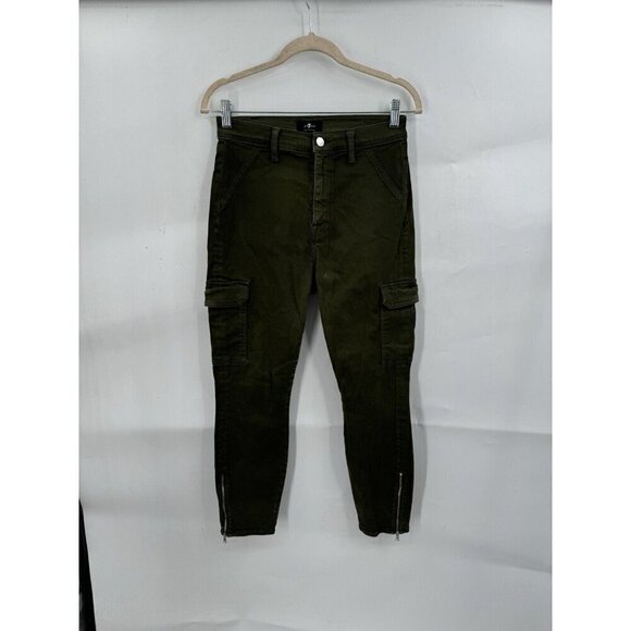 7 For All Mankind Armycoated Cargo Pant Women 29 Green Zip Ankle Grunge Skinny - Picture 1 of 14